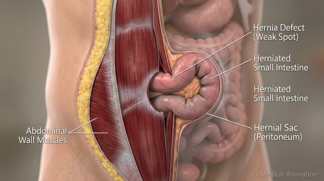 The image displays a 3D medical animation illustrating a hernia defect, specifically a small intestine protrusion.