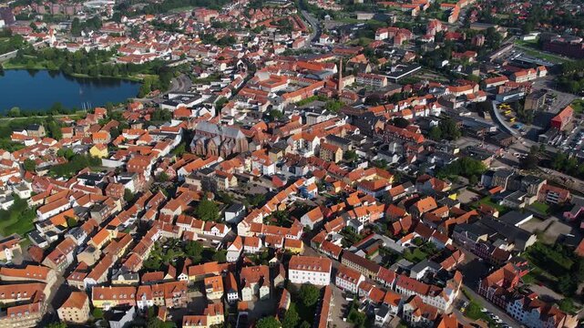 Aerial panorama view around the old town of the city Haderslev in Denmark on a sunny morning in summer