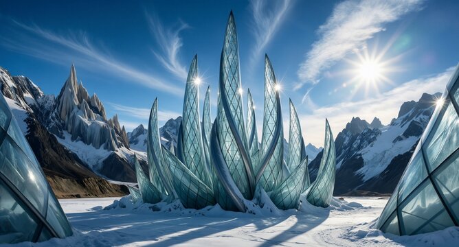 Futuristic glass sculpture amidst snowy mountains, glacier backdrop, bright sunlight reflections, architectural wonder, sustainable design concept.