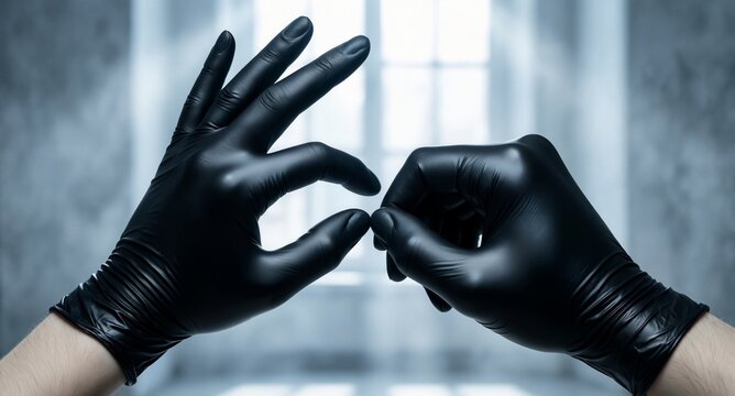 Black gloved hands connecting, sterile lab background, forensic science concept.