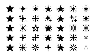 Pixel art stars and sparkles icon set. Retro 8-bit black blinking stars, magic glitter, and twinkle elements collection isolated on white background © NitaiChandra