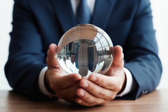 Man in suit holds crystal ball showing cityscape. Reflects business growth, future city planning and vision. Represents foresight and strategic business outlook.