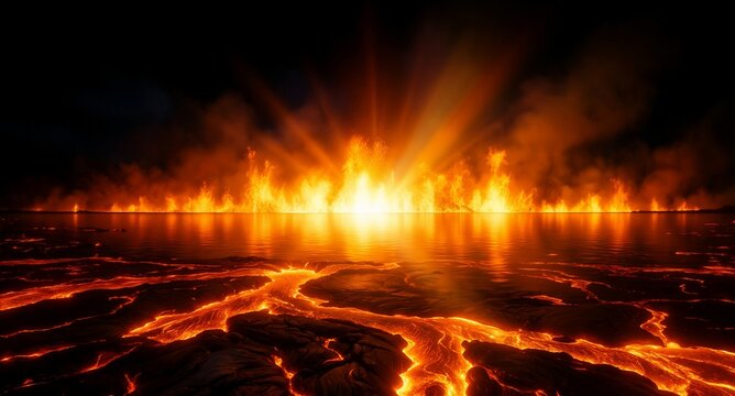 Volcanic eruption over ocean, fiery lava landscape, intense heat, dramatic scene, geothermal power, nature's fury - apocalyptic concept.
