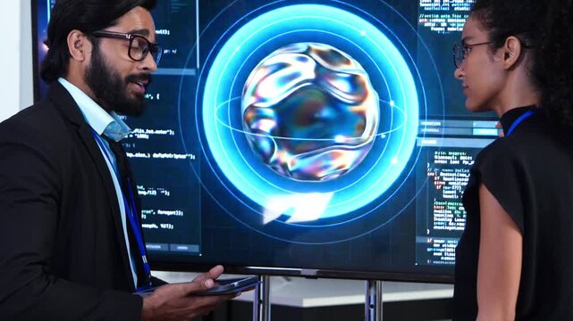 Tech leader celebrate success of machine learning project with partner. Executive shake hand with team member to congratulate AI coding achievement. Software developer review data on big display