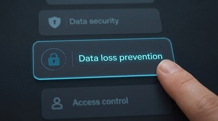 Obraz premium Cybersecurity, data protection, computer security, finger pressing button, data loss prevention