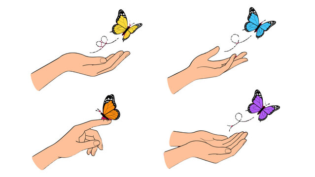 Set of hand gestures with colorful butterflies in line art style