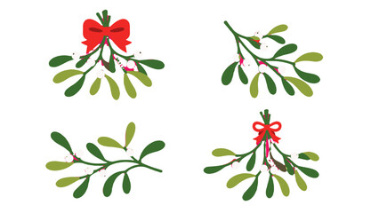Set of mistletoe branches with berries and red ribbon bows © Artstock