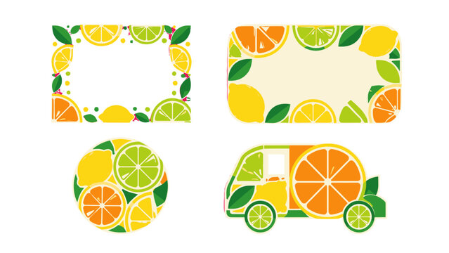 Flat citrus frame cards, round label and fruit delivery van set