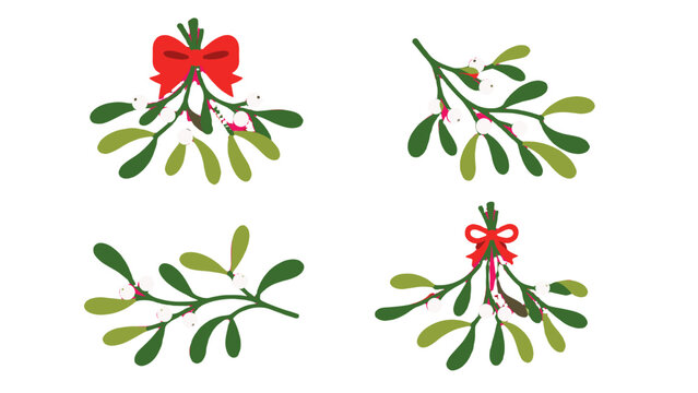 Set of mistletoe branches with berries and red ribbon bows