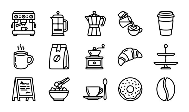 Coffee Icons Set: Espresso Machine, French Press, Moka Pot, Croissant, Donut, Beans
