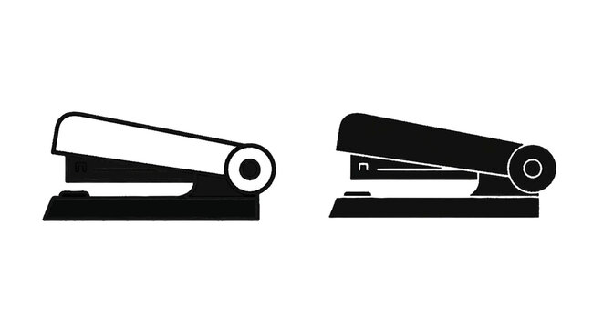 Minimal black silhouette icon, simple flat vector, bold black shape, no, no shading set of two staplers on a, flat icon style