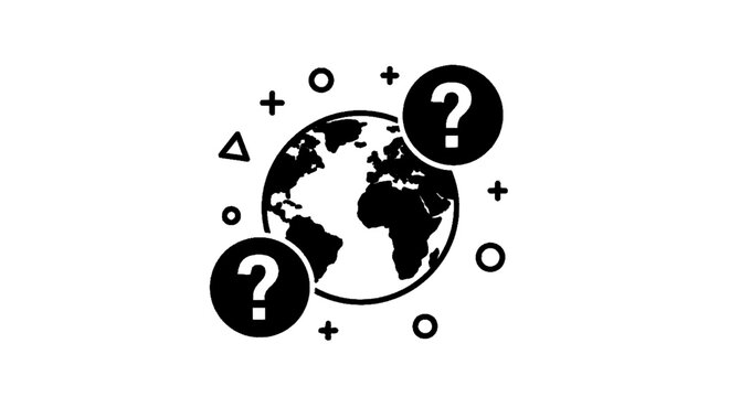 Minimal black silhouette icon, simple flat vector, bold black shape, no, no shading world map with question marks icon, flat vector illustration on a, flat icon style