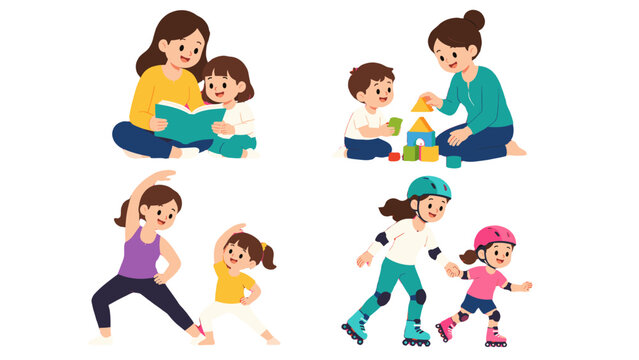Mothers and children doing reading, play, exercise and skating