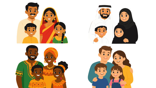 Cartoon family portraits with parents and children collection