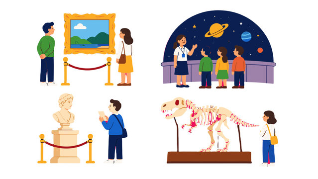 Museum and planetarium visitors viewing exhibits in flat vector style