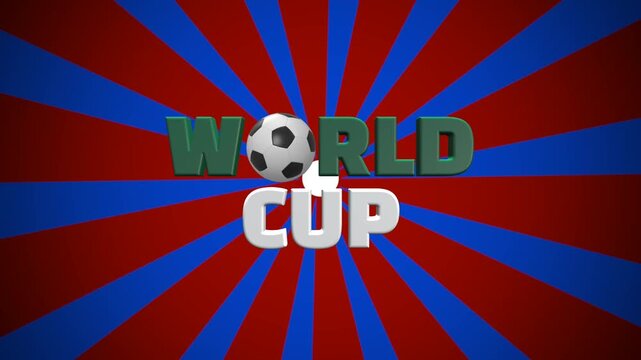 World cup 3d typography text with soccer ball replacing letter o on red and blue sunburst retro rays background with flying confetti.
