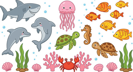 Cute underwater sea animal set with shark dolphin turtle jellyfish and coral on black background cad drawing flat vector illustration for kids © Rajbala