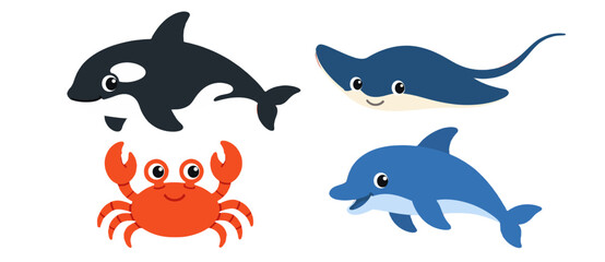 Fototapeta premium Cute cartoon sea animals with orca stingray crab and dolphin