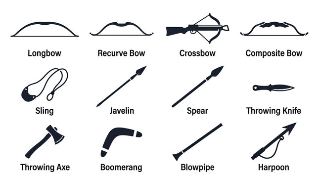 Flat silhouette vector icon set of 12 ranged weapons, longbow silhouette, recurve bow silhouette, crossbow silhouette, composite bow silhouette, sling silhouette, javelin silhouette, spear silhouette,