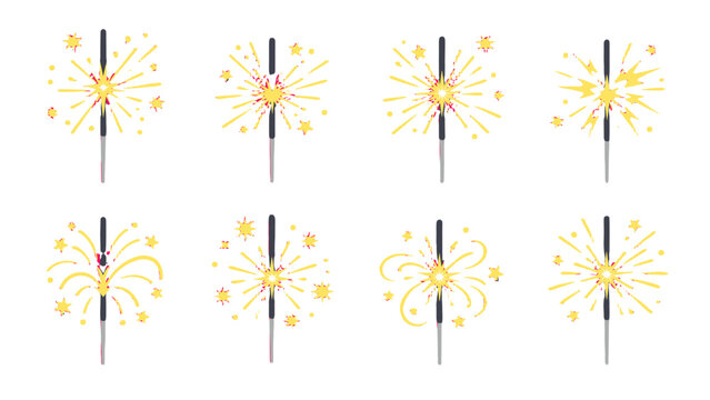 Set of sparkler firework effects with golden star bursts