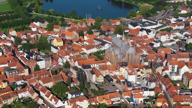Aerial panorama view around the old town of the city Haderslev in Denmark on a sunny morning in summer