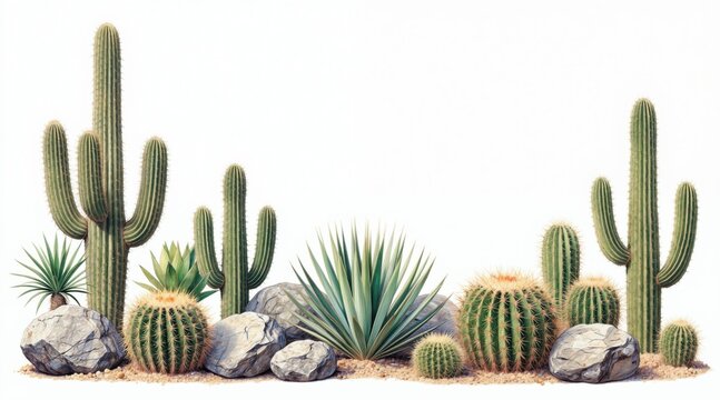Variety of desert plants, cacti and succulents grow on sandy ground with rocks. Tall saguaro and barrel cacti mix with agave, green prickly plants create arid landscape.