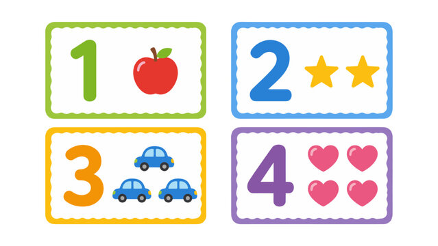 Educational counting flashcards with numbers and simple objects