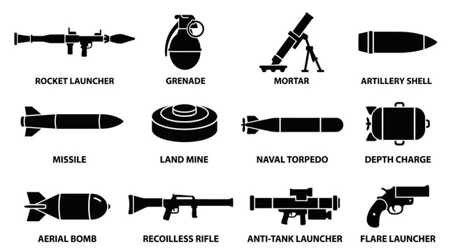 Flat silhouette vector icon set of 12 heavy weapon objects  rocket launcher silhouette  grenade silhouette  mortar silhouette  artillery shell silhouette  missile silhouette  land mine silhouette  