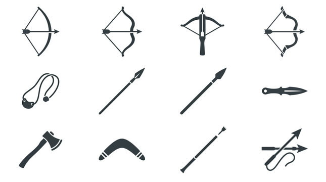 Flat silhouette vector icon set of 12 ranged weapons, longbow silhouette, recurve bow silhouette, crossbow silhouette, composite bow silhouette, sling silhouette, javelin silhouette, spear silhouette,