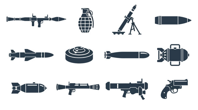 Flat silhouette vector icon set of 12 heavy weapon objects  rocket launcher silhouette  grenade silhouette  mortar silhouette  artillery shell silhouette  missile silhouette  land mine silhouette  