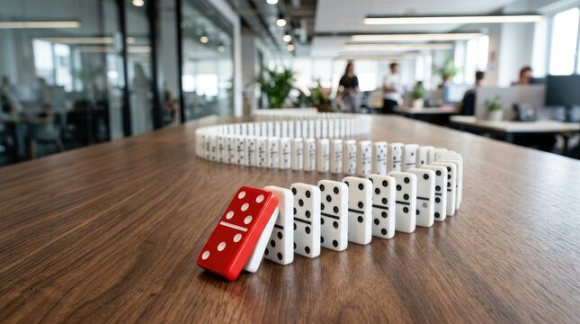 A domino chain lies on a wooden table, with two dominoes fallen over. The dominoes are white and red.