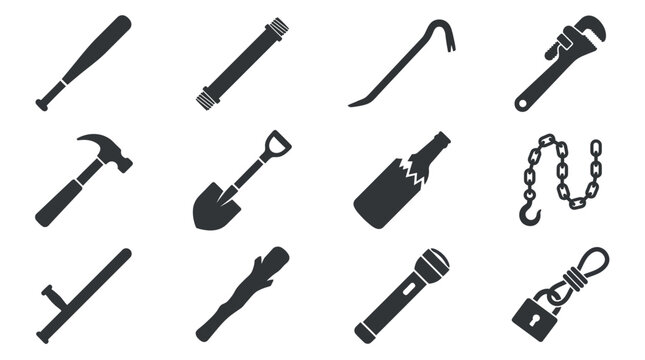 Flat silhouette vector icon set of 12 improvised weapons  baseball bat silhouette  metal pipe silhouette  crowbar silhouette  wrench silhouette  hammer silhouette  shovel silhouette  broken bottle 
