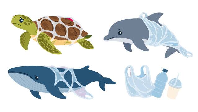 Marine animals trapped in plastic waste vector illustration