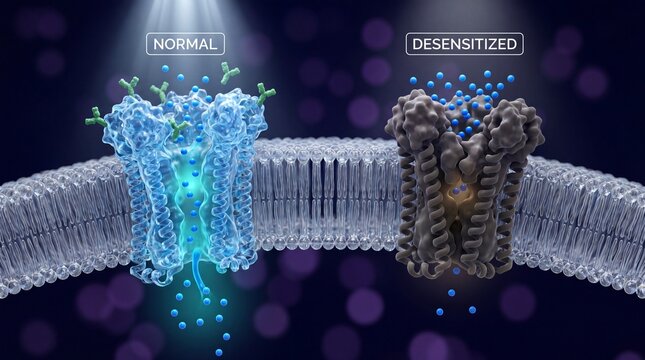 Cell Receptor, Normal vs Desensitized Membrane Protein Structure Biology Concept, Medical Science, Molecular Visualization and Health Research Background