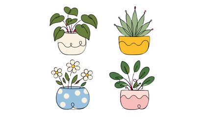 Fototapeta premium Hand drawn potted plants and flowers in cute decorative pots
