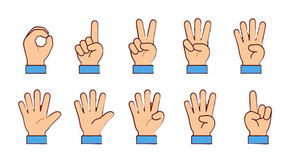 Fototapeta premium Hand counting gestures from zero to nine in simple vector style