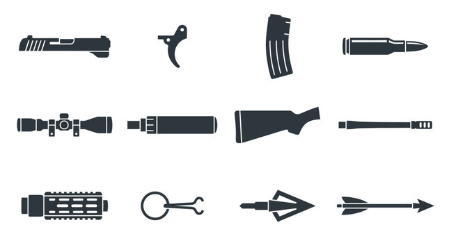Flat silhouette vector icon set of 12 weapon components  pistol slide silhouette  trigger silhouette  rifle magazine silhouette  bullet cartridge silhouette  scope silhouette  suppressor silhouette  