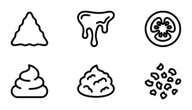 Food Icons Set: Triangle Chip, Drip, Tomato Slice, Poop, Mash, Seeds, Vector Graphics