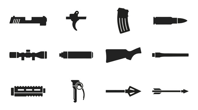 Flat silhouette vector icon set of 12 weapon components  pistol slide silhouette  trigger silhouette  rifle magazine silhouette  bullet cartridge silhouette  scope silhouette  suppressor silhouette  