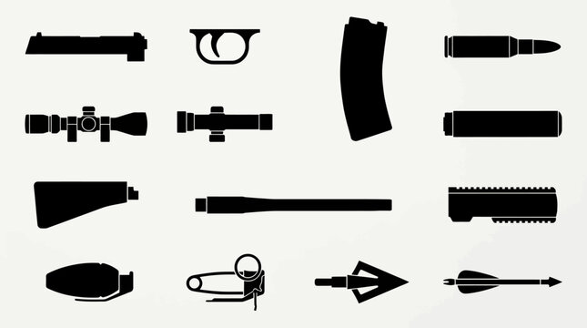 Flat silhouette vector icon set of 12 weapon components  pistol slide silhouette  trigger silhouette  rifle magazine silhouette  bullet cartridge silhouette  scope silhouette  suppressor silhouette  