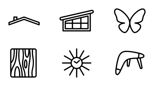 Minimalist Icon Set: Roof, Window, Butterfly, Wood Grain, Sun Clock, Boomerang