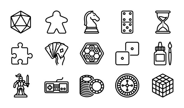 Board Game Icons, Vector Set: Dice, Cards, Chess, Puzzle, Roulette, Gaming