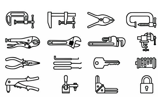 Black Outline Clamp and Locksmith Hand Tool Icons Professional Vector Set