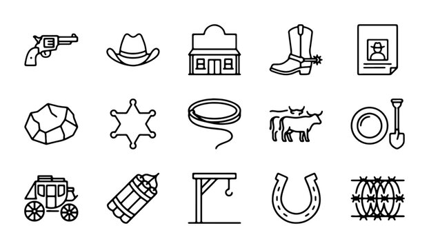 Western Cowboy Icons Set, Wild West Vector Graphics, Rodeo Symbols, Americana Collection