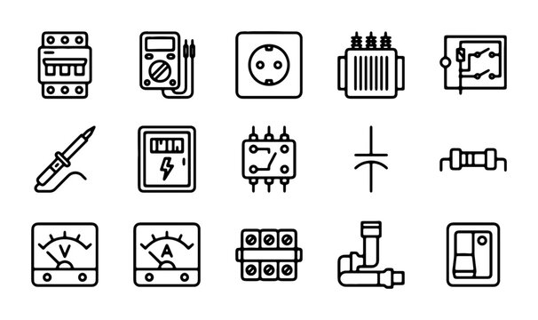 Electrical Components Vector Icons Set: Power, Circuitry, Measurement, Technology, Engineering