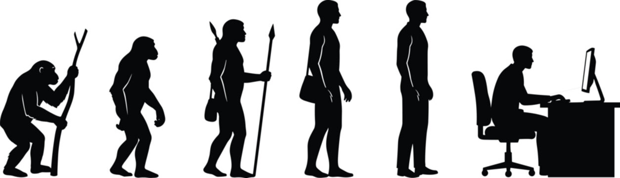Evolution of Man from Ape to Modern Human Seated at Computer Desk in Office Environment, Illustrating Technological Advancement and Sedentary Lifestyle Consequences