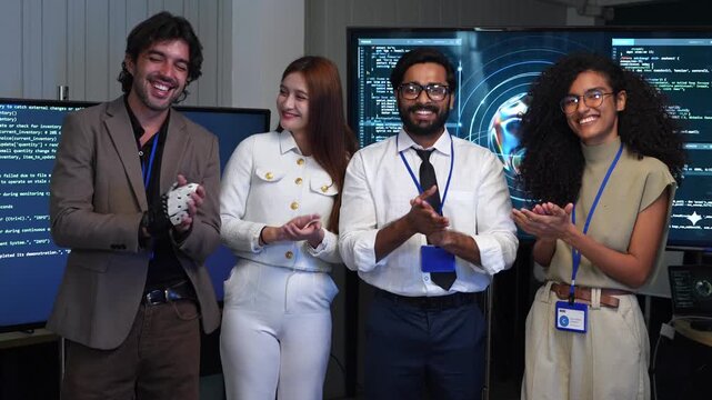Proud tech team business colleague clapping hand to celebrate AI software presentation success with computer code screen backdrop in office meeting