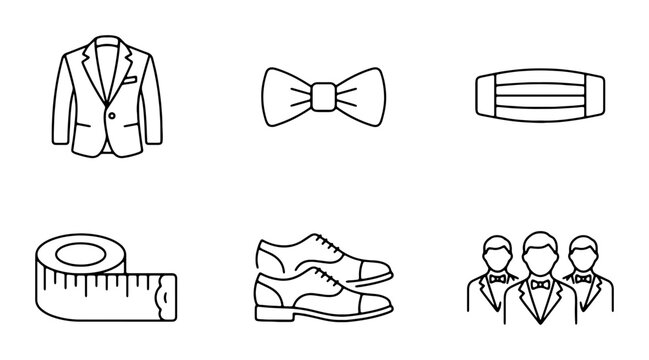 Formal Wear Icons: Suit, Bowtie, Cummerbund, Measuring Tape, Shoes, Groomsmen Set