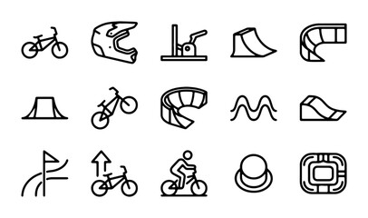 Fototapeta premium BMX Bike Icons, Extreme Sports Gear, and Obstacle Elements Set