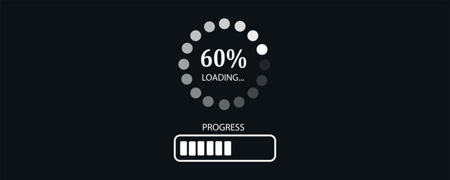 Loading bar at 60%, web preloader on dark background. Update or download progress, progress bar diagram icon, technology flat design.